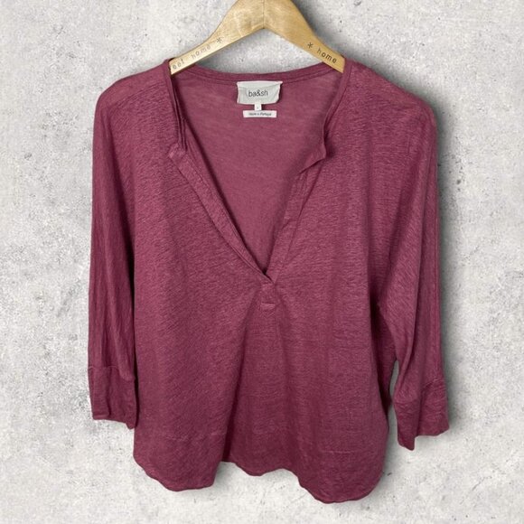 BA&SH 100% Linen Shirt Jexy Lady Pink V-Neck T-Shirt Elevated Basic Top Blouse 6 - Picture 3 of 14